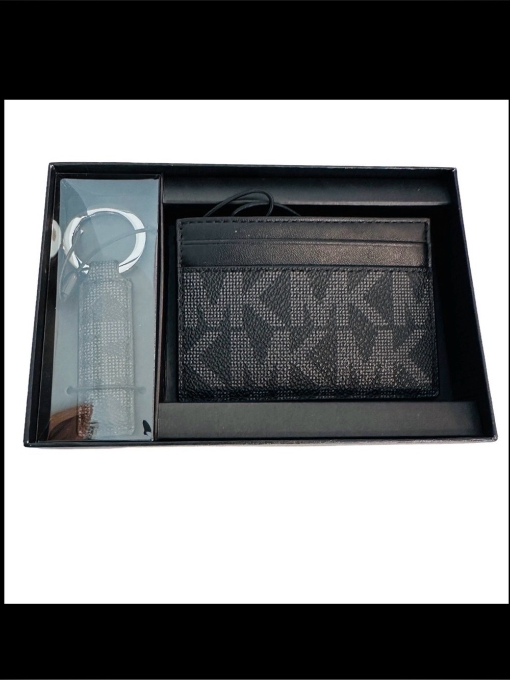 NWT Michael Kors Card Holder with Matching Keychain Black & Gray in box